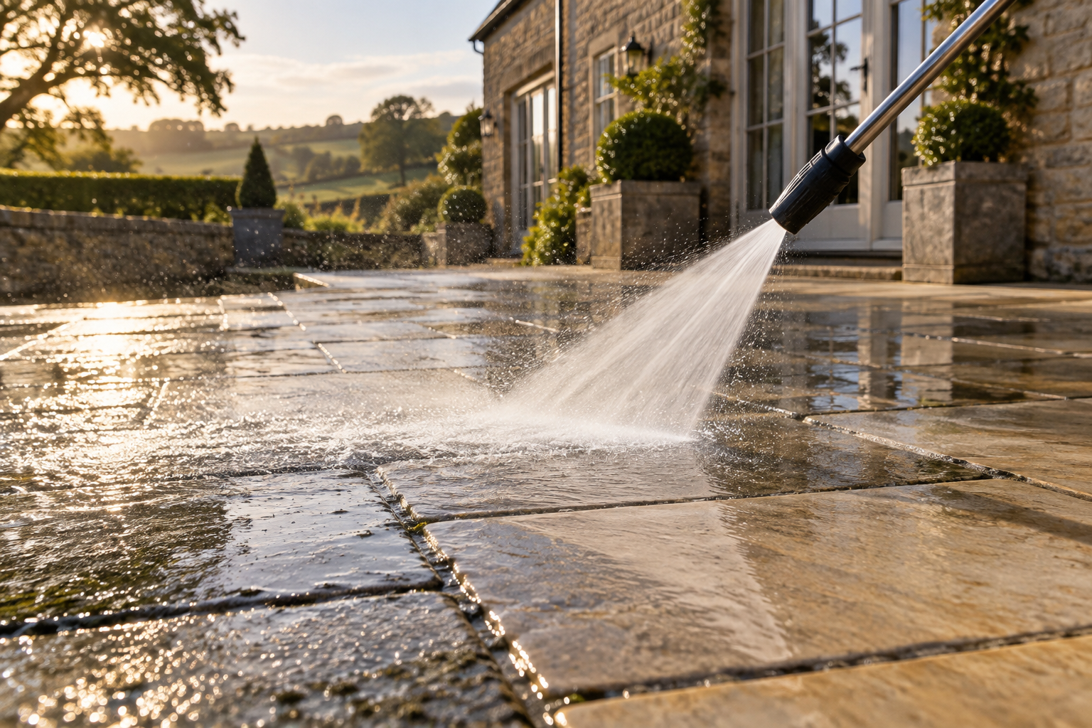 Pressure washing a stone patio outside a Yorkshire home